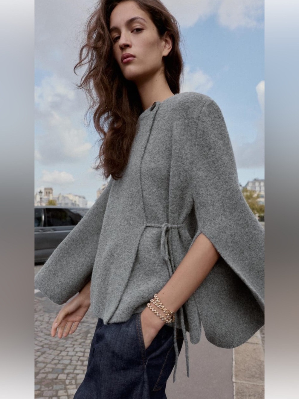 Zara Grey Knit Cape with Side Tie Detail